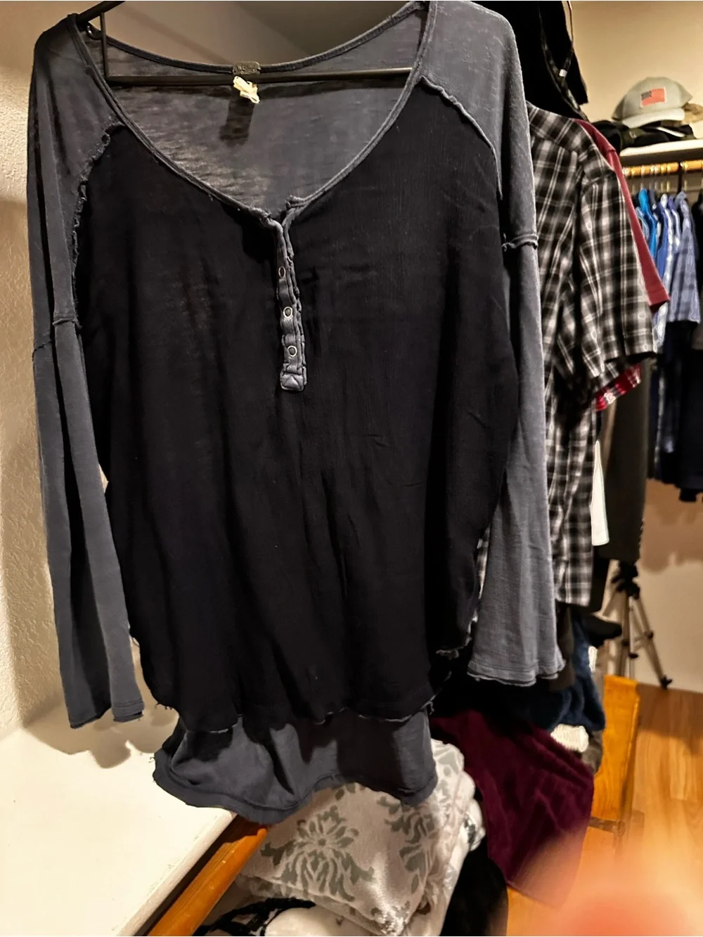 Free people women’s Two-Tone Long Sleeve Henley Top - Navy/Charcoal